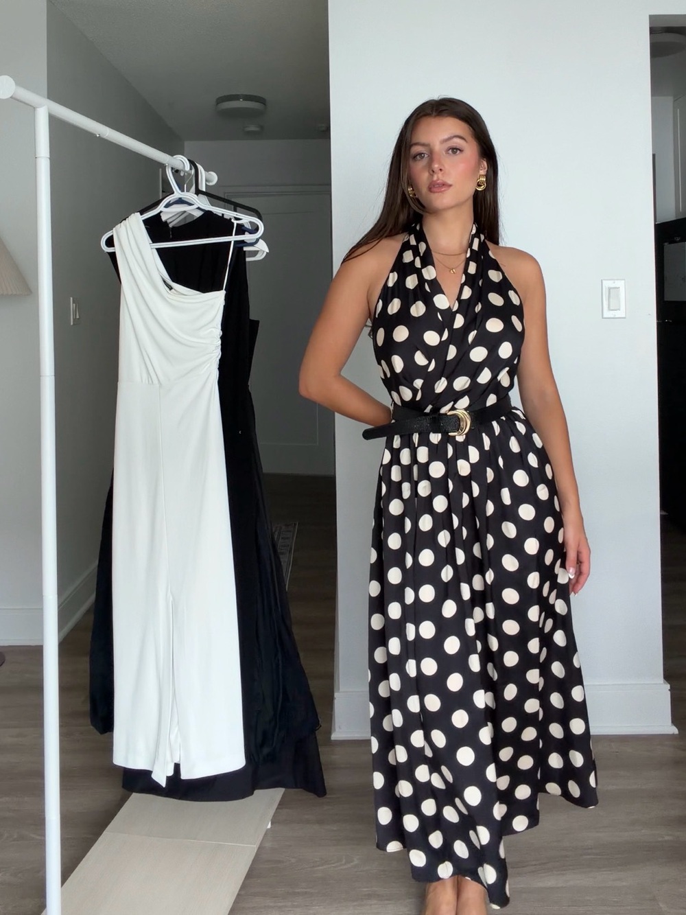 Polka Dot Halter Midi Dress in Black and Cream
